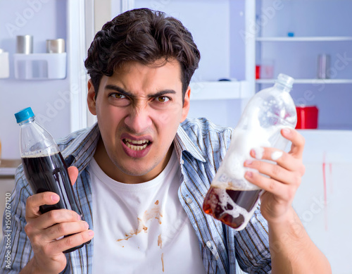 Frustrated man holding a soda bottle and a fizzy drink, showing disappointment in a messy kitchen with spilled beverages