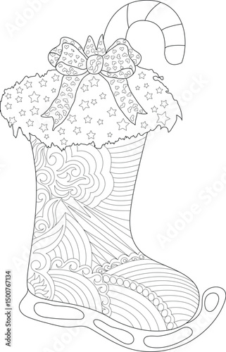 Christmas Stocking and Candy Cane Line Art, Black and white line art illustration of a festive Christmas stocking decorated with intricate patterns, a bow, and a candy cane, set on an ice skate 