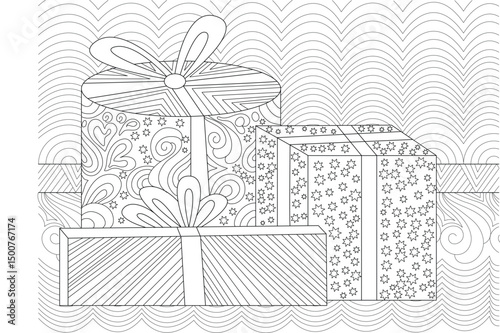 Christmas Gifts Coloring Page, Black and white line art illustration suitable for coloring, featuring multiple stacked Christmas gift boxes adorned with various intricate patterns like stars, 