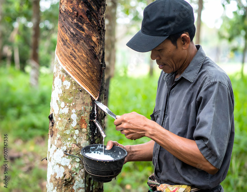 Man harvesting latex from a rubber tree in a lush green forest, demonstrating traditional tapping techniques