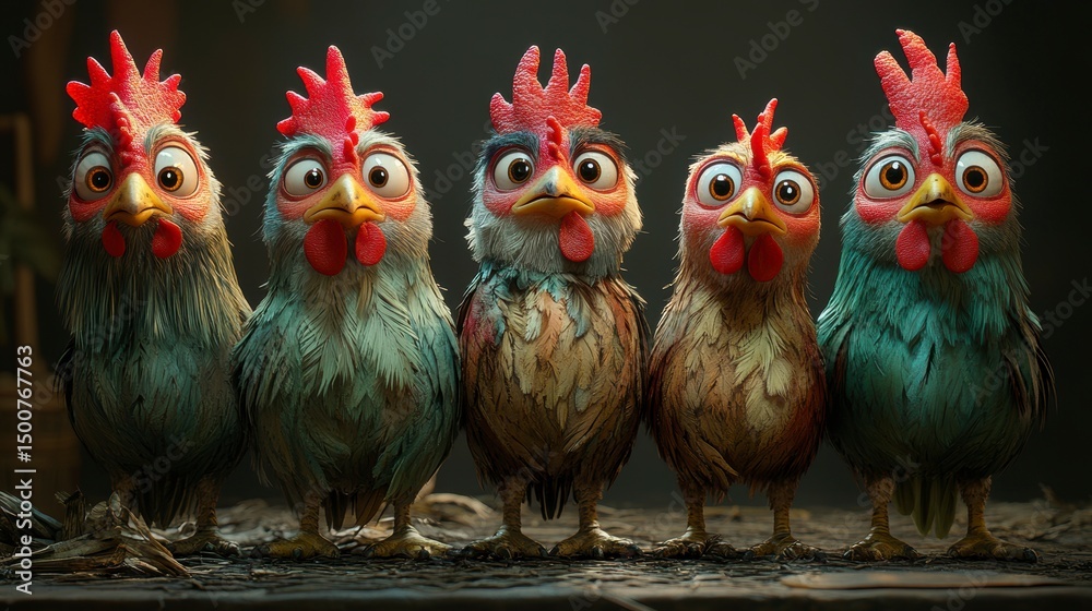 Fototapeta premium Five chickens stand together, cartoonish with distinct plumage and funny expressions
