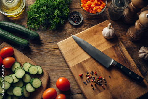 Clean and organized kitchen countertop with fresh vegetables, herbs, and sharp knife ready for meal preparation. vibrant colors of ingredients create inviting atmosphere