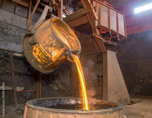 Molten metal being poured from a large ladle into a container in an industrial foundry, showcasing intense heat and activity