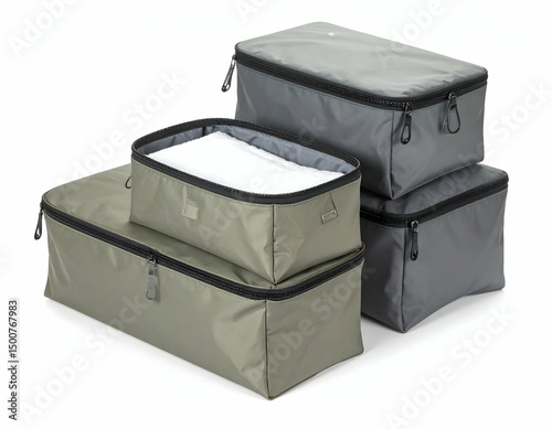 Organized storage bags in various sizes stacked neatly, showcasing practical home organization with a clean background
