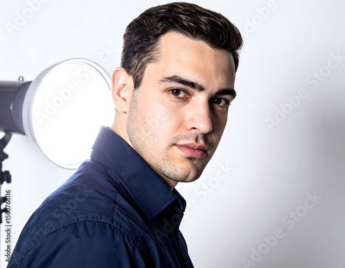 Portrait of a man with a serious expression, illuminated by a studio light, showcasing a professional photography setup