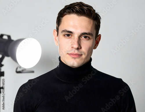 Portrait of a young man in a black turtleneck, standing confidently in a studio with a bright light source in the background