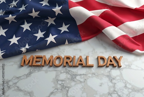 Memorial Day Tribute – American Flag and Wooden Letters on Marble Background
