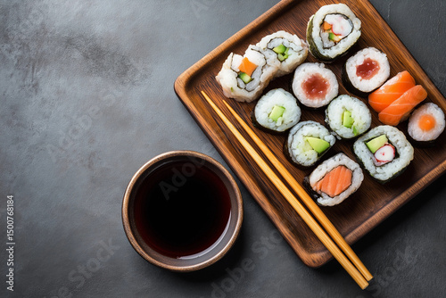 Fresh plate of sushi neatly arranged on wooden tray, featuring various rolls with colorful ingredients, served with chopsticks and small bowl of soy sauce, inviting delightful dining experience