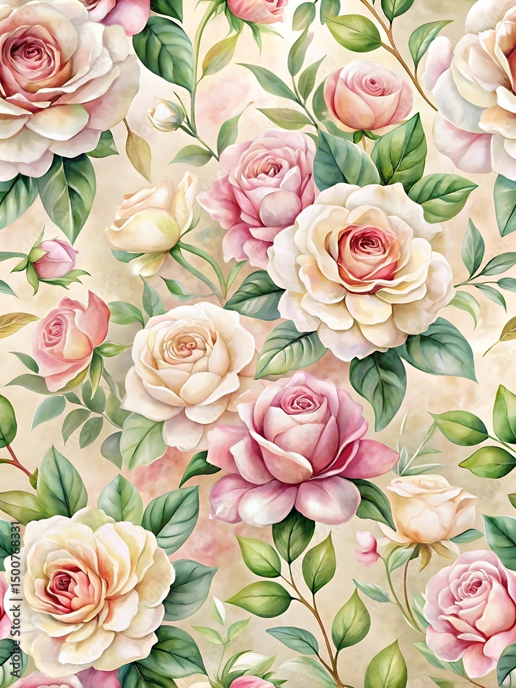Painting of a flower garden with pink roses Painting of a flower garden with pink roses