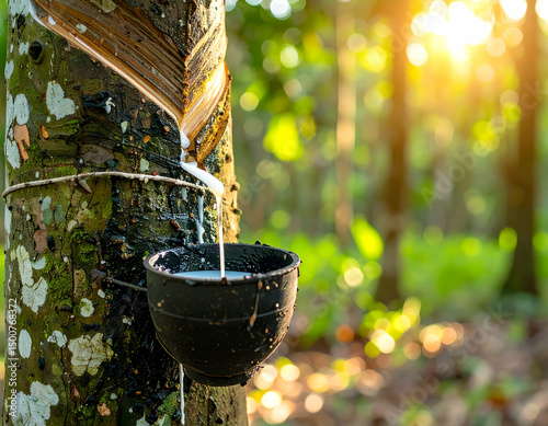 Rubber tapping in a lush forest, showcasing a tree with latex dripping into a bowl, sunlight filtering through leaves