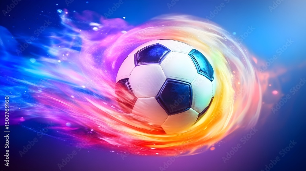 Fototapeta premium A soccer ball in vibrant, swirling, multicolored flames against a dark blue backdrop