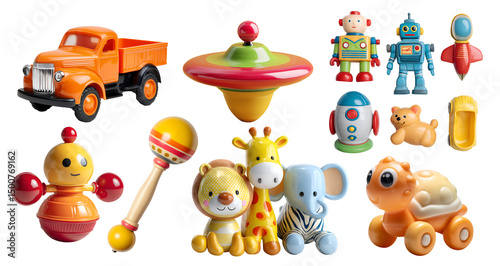 Set of nostalgia vintage toys accessories for baby children toddler on transparent cutout PNG. Many different colourful robot, rattle, spin top, truck, rocket, animal. Mockup template for design	
