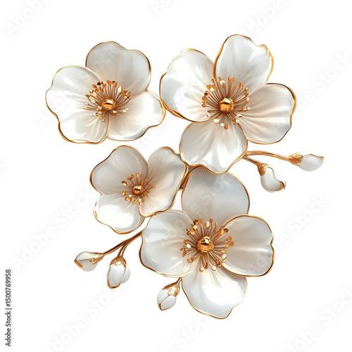  3d metallic gold and white apricot blossom on  white and transparent background