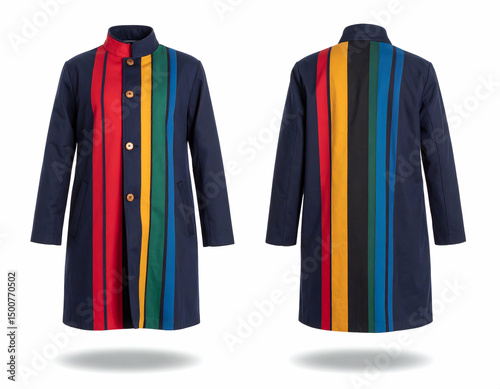 Stylish, multicolored coat featuring bold stripes, displayed from front and back, perfect for fashion enthusiasts