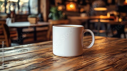 Nordic Cafe Still Life: White Mug with Plants on Wooden Table for Minimalist Lifestyle Design photo