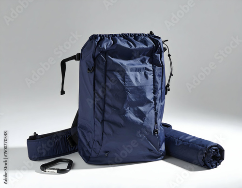 Stylish navy backpack with rolled mat and carabiner on a minimalistic background, ideal for outdoor adventures or travel