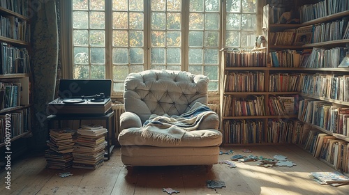 Cozy Literary Reading Space: Vintage Record Player & Book-Filled Shelves with Autumn Window View, Home Design Inspiration photo