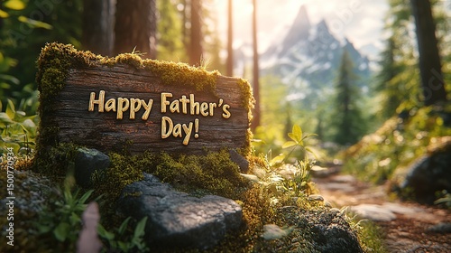 Father's Day Natural Greeting: Handwritten Message on Moss-Covered Wood in Sunlit Forest, Warm Family Celebration Design photo