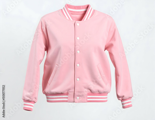 Stylish pink varsity jacket displayed against a minimalist background, perfect for casual wear in various settings