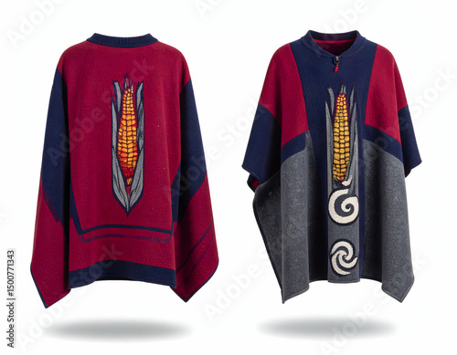 Stylish poncho featuring a corn design on a vibrant background, perfect for casual wear or cultural events
