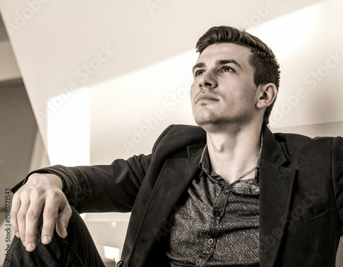Thoughtful man in a stylish suit gazing upward in a modern interior with soft lighting and geometric shapes