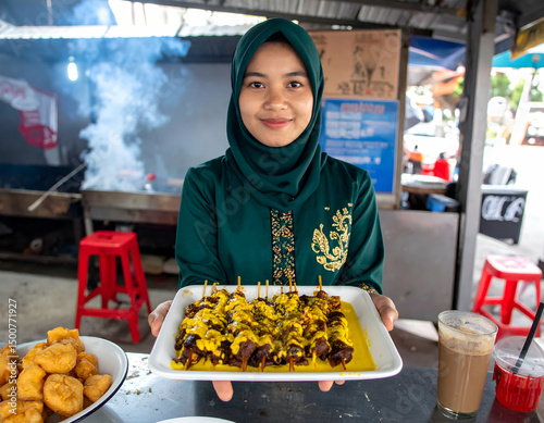 Woman in traditional attire presenting a plate of grilled food at a bustling street market with smoke in the background