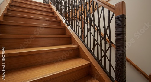 Elegant Wood Staircase with Ornate Iron Railing: Interior Design, Home Decor, Architectural Detail, and Residential Building Feature Showcasing Craftsmanship and Modern Style.