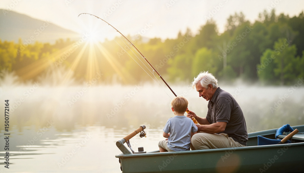 Grandfather teaching grandson fishing on serene lake at sunrise, bonding moments Grandfather teaching grandson fishing on serene lake at sunrise, bonding moments