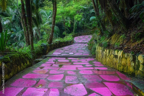 Pink path through lush green forest