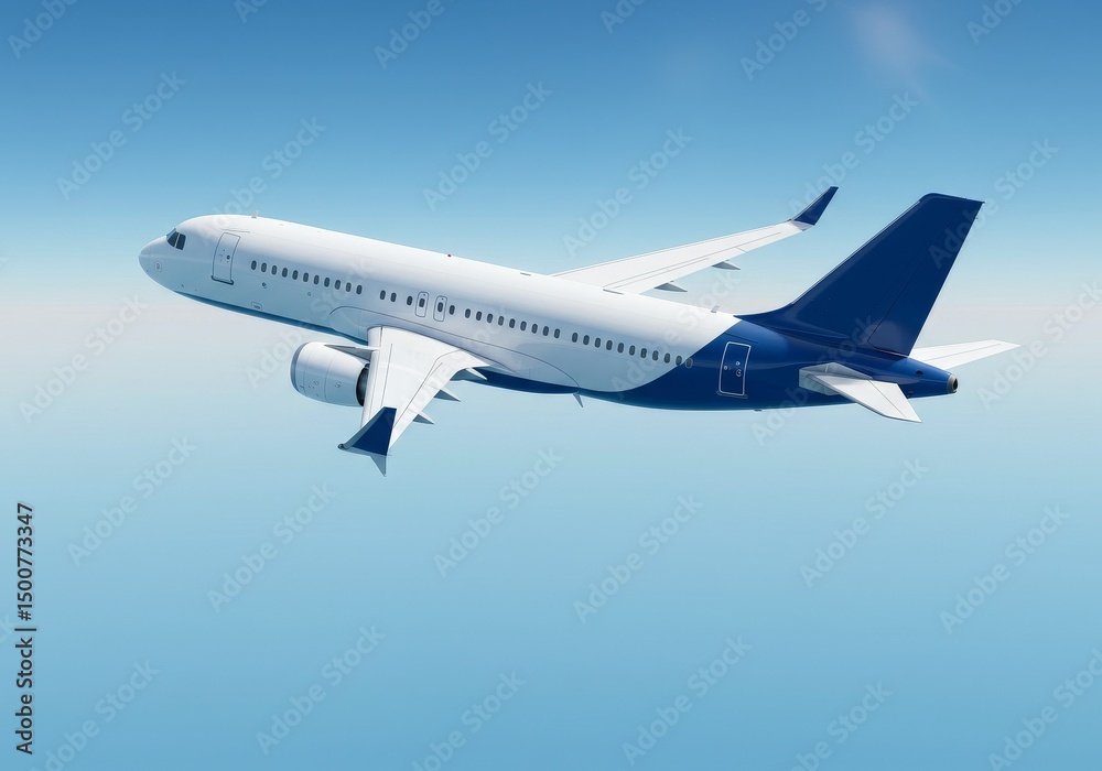 Obraz premium Photo Of An Airplane Flying High In The Clear Blue Sky With White And Blue Details