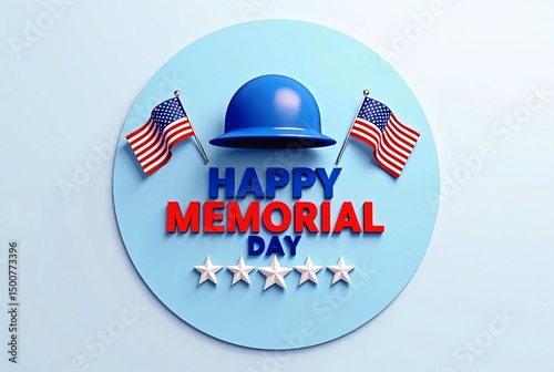 Patriotic Memorial Day Design with Military Helmet, American Flags, and Five White Stars on a Light Blue Background  
