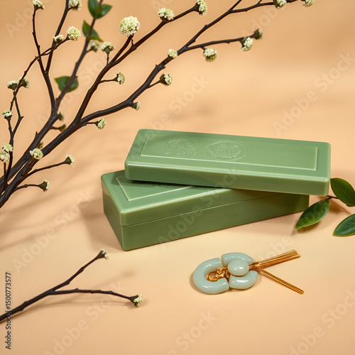 Still life featuring Chinese aesthetic Green incense box jade hairpin on beige backdrop photo