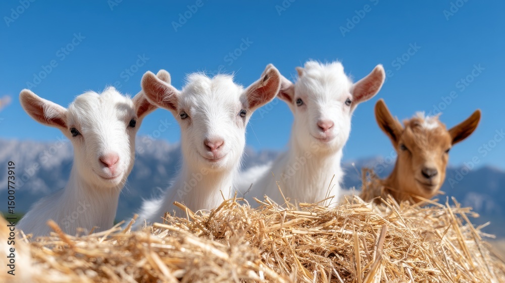 Fototapeta premium Four cute goats standing together near hay under a bright blue sky.