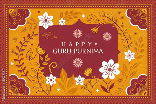 Elegant Guru Purnima greeting card featuring floral patterns and traditional decorative elements in warm maroon and mustard tones, symbolizing respect and gratitude for spiritual teachers.