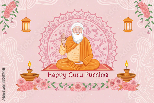 Beautiful Guru Purnima greeting card design with a serene guru illustration, intricate mandala, hanging lanterns, lamps, and floral accents over a soft pink backdrop