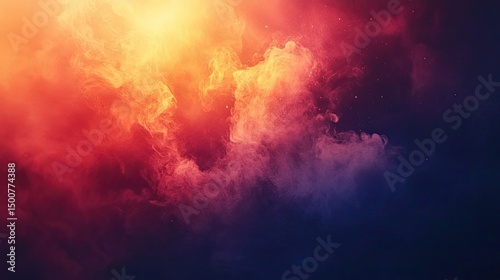 An abstract depiction of colorful smoke and cloud formations with a dark background and bright light