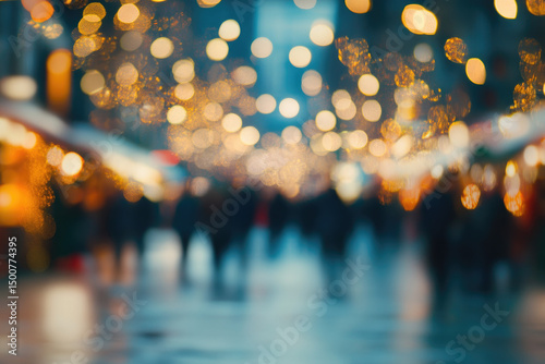A blurred city street at night, bustling with indistinct pedestrians amidst a vibrant display of warm-toned string lights hanging overhead, creating a festive, atmospheric scene photo