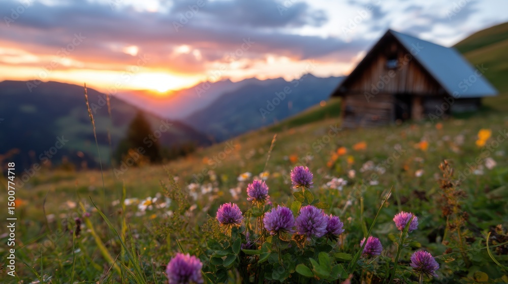 Scenic sunset over mountains with wildflowers and a rustic cabin in the foreground. Scenic sunset over mountains with wildflowers and a rustic cabin in the foreground.