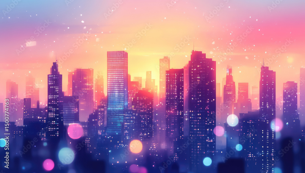 Obraz premium A stylized cityscape at sunset, bathed in warm pinks and oranges, cool blues and purples, with bokeh lights suggesting a twilight atmosphere, and a hazy, dreamlike quality to the skyline