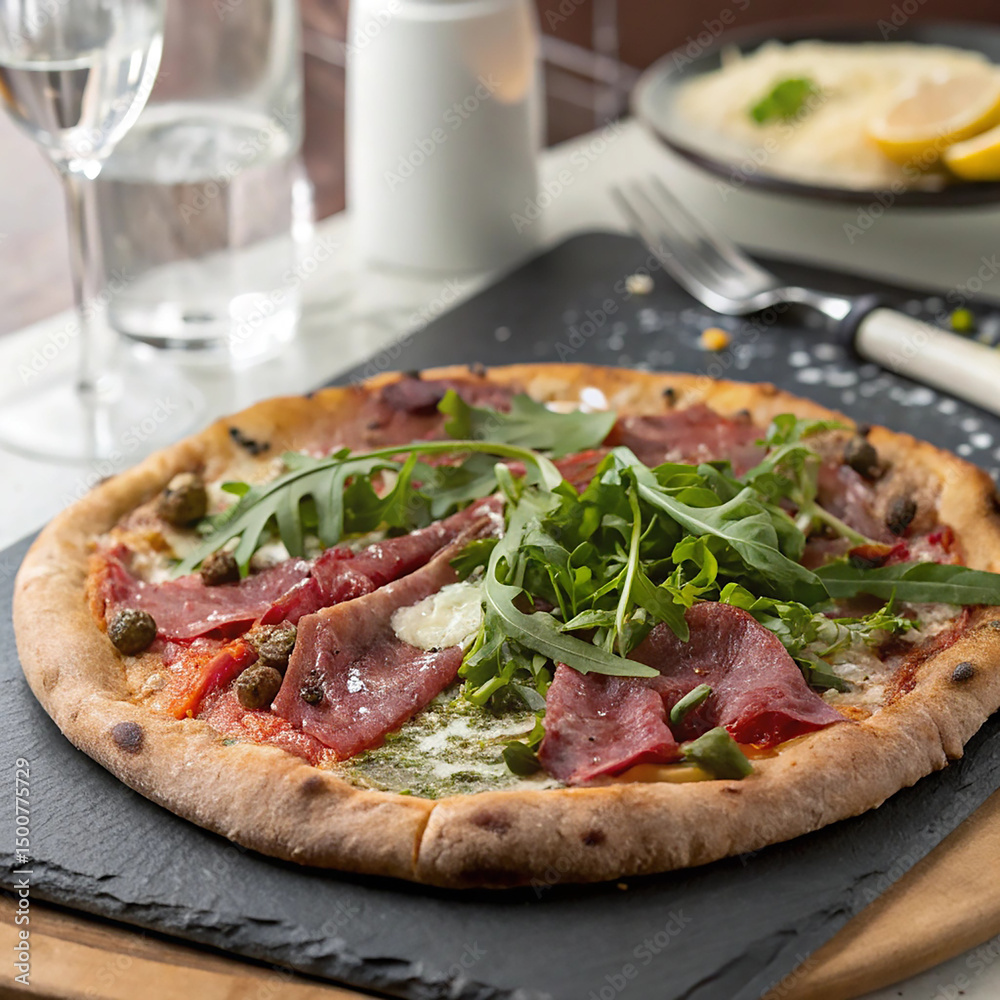 Delicious Thin Crust Pizza with Capers, Arugula, and Rosemary Ham Delicious Thin Crust Pizza with Capers, Arugula, and Rosemary Ham