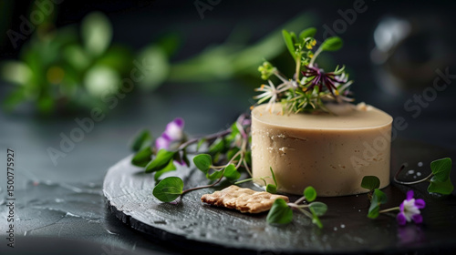 Foie Gras Mousse: Airy Texture with Edible Flowers, Microgreens, and Delicate Crackers on Sleek Black Backdrop for Sophisticated Culinary Promotions