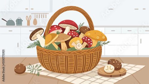 Mushrooms in Wicker Basket A Kitchen Still Life Vector Design