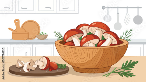 Fresh Mushrooms in Rustic Wooden Bowl Kitchen Still Life Vector Illustration