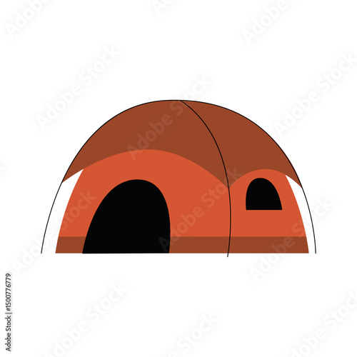 Minimalist illustration of an orange camping tent with an open entrance. Simple flat design representing outdoor adventure, travel, and nature exploration. Vector illustration