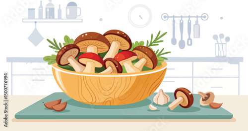 Fresh Mushrooms in Rustic Wooden Bowl Kitchen Vector Illustration
