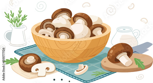 Delicious Mushrooms in Rustic Wooden Bowl Kitchen Still Life