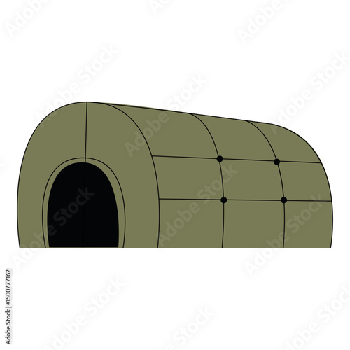 Simple flat illustration of a military style green tent with a rounded structure and buttoned panels. Represents outdoor survival, tactical gear, and expedition shelter. Vector illustration