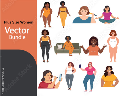 Diverse plus size women vector illustrations bundle