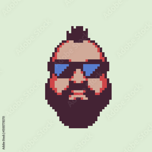 Bearded man head with sunglasses pixel art character. Flat style. Avatar, portrait, profile picture. Design of 80s. Game assets. 8-bit. Isolated vector illustration.