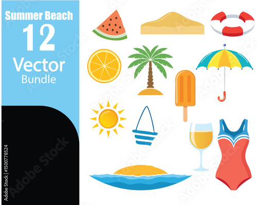 Twelve summer beach vacation vector icons bundle
